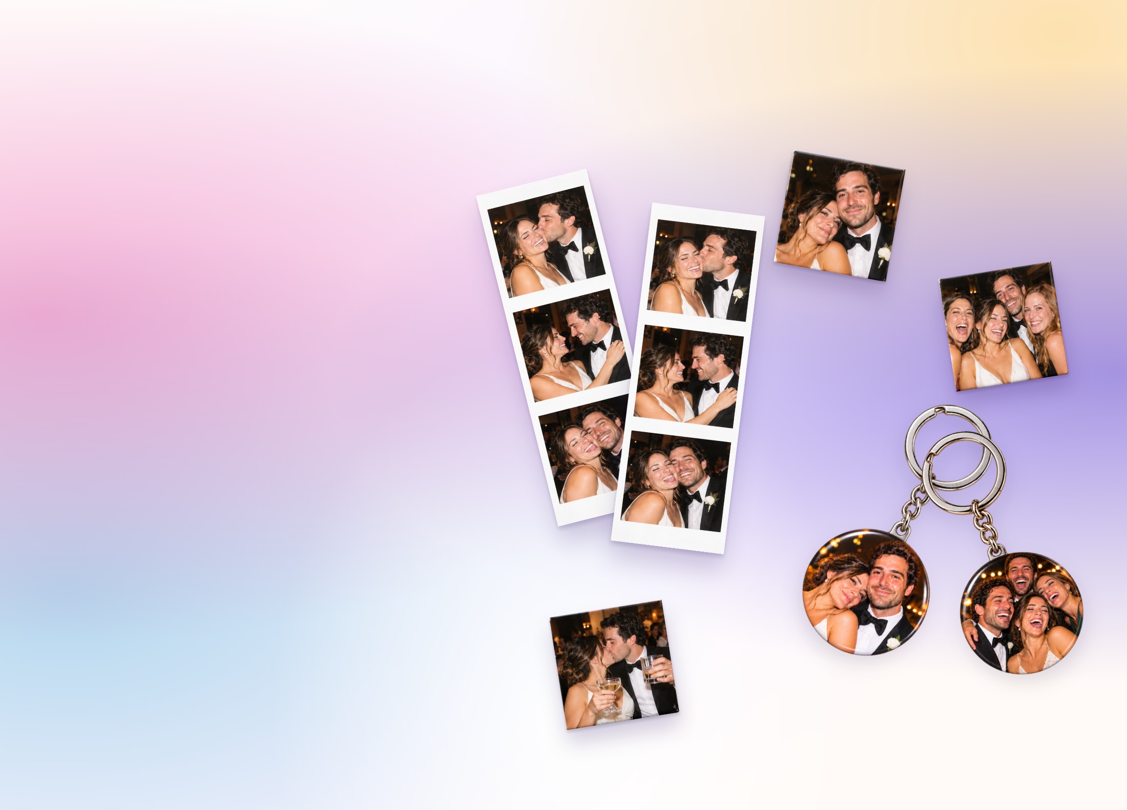 Photo strips, magnets and round photo keychains
